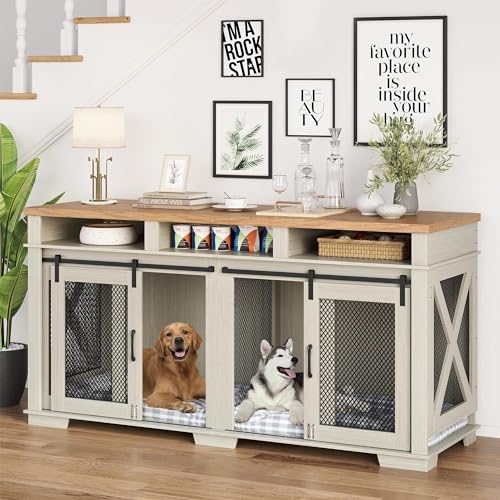 71" Dog Crate Furniture for 2 Dogs, Dog Kennel with 3 Storage Drawers & Removable Divider, Extra Large Double Dog Cage As TV Stand, Furniture Style Dog Crates with Sliding Barn Door