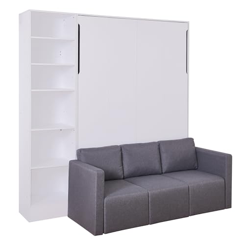 MERITLINE Queen Murphy Bed with Couch and Storage Shelves, White M951