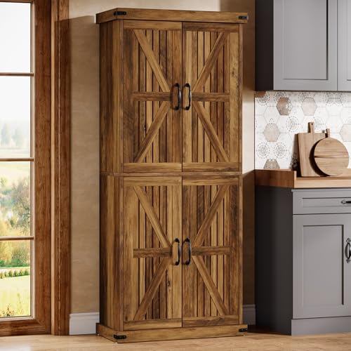 Tribesigns 71" Tall Kitchen Pantry Storage Cabinet with Barn Doors, Brown W874