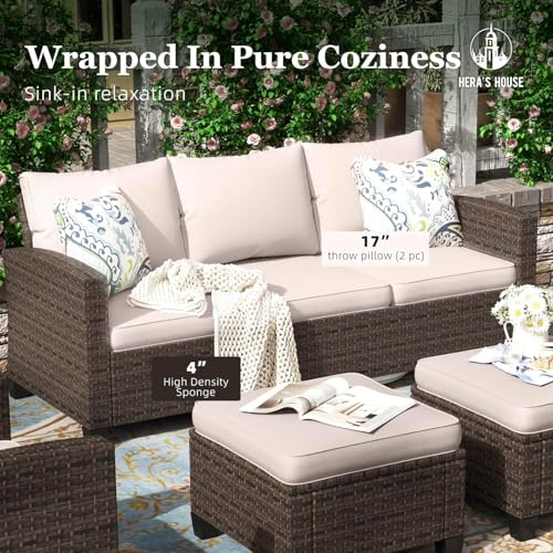 HERA'S HOUSE Patio Furniture Set with 56" Fire Pit Table, 6 Pieces 7 Seats Wicker Sectional Z546196