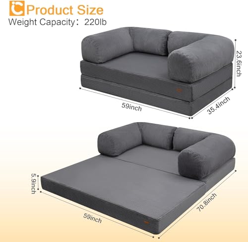COMAX Folding Sofa Bed Convertible Chair Bed Corduroy 3-in-1 Floor Couch, Dark Grey E940