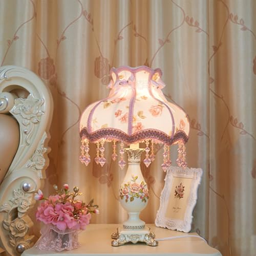 Vintage Floral Fabric Table Lamp with Beaded Lampshade G3551