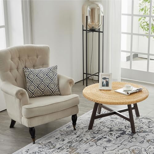 RANDEFURN Round Seagrass Coffee Table with Pine Wood X Base, 32 x 17 Inches E987219