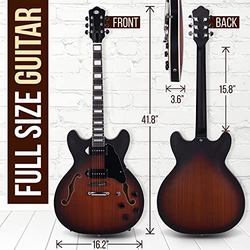 Pyle Semi Hollow Body Electric Guitar Set with Gig Bag, Matte Sunburst F19271