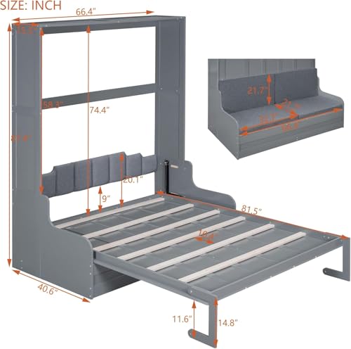 MERITLINE Queen Murphy Bed with Couch and Storage Shelves, White M951