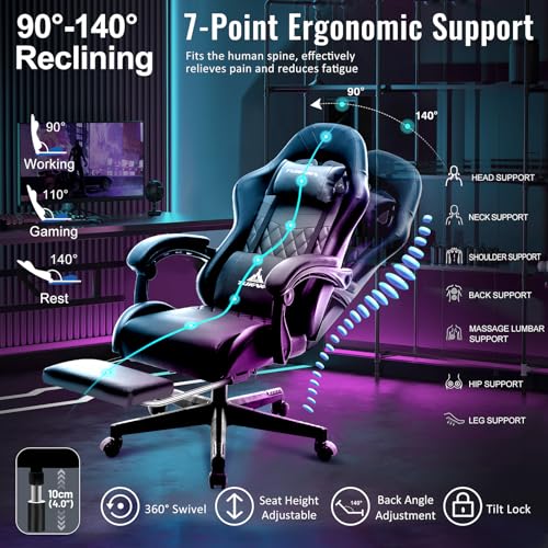 Ergonomic Gaming Chair with Massage, Footrest and Lumbar Support, Black U920785