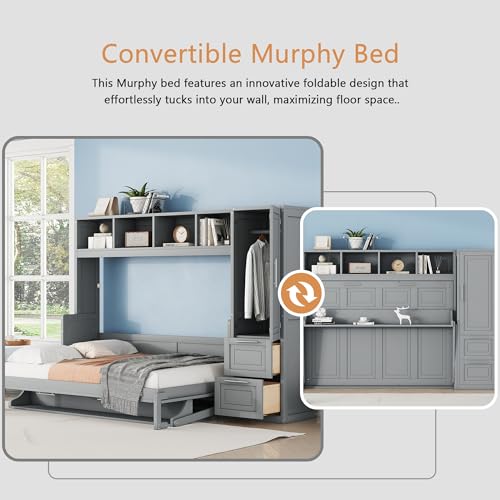 Linique Murphy Cabinet Wall Bed with Closet, Drawers and Top Shelf, Gray K190832
