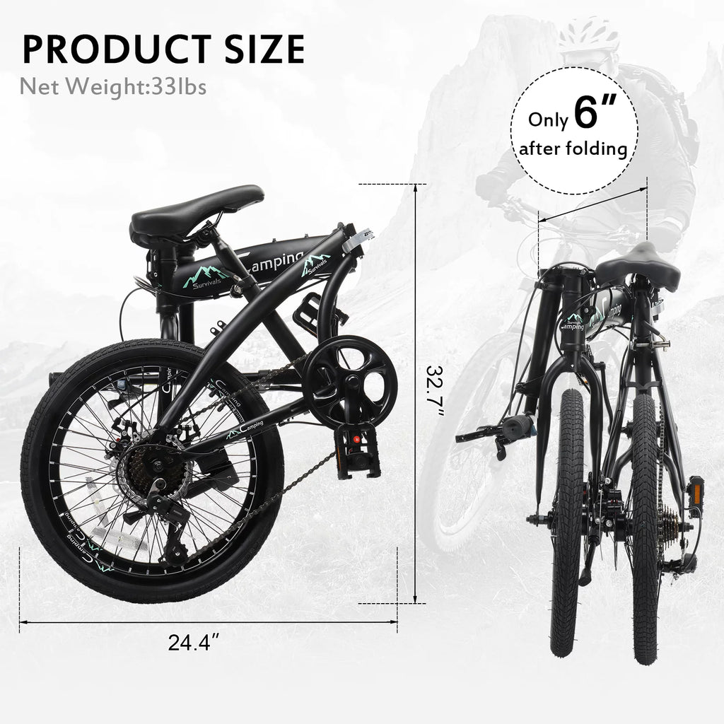 Campingsurvivals 20 Folding City Bike, Shimano 7 Speed, Black V50481