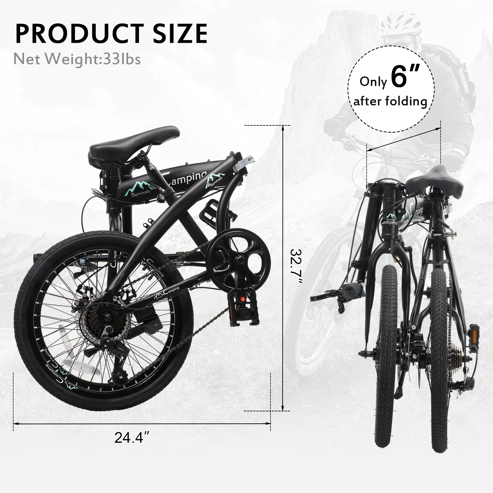 Campingsurvivals 20 Folding City Bike, Shimano 7 Speed, Black V50481