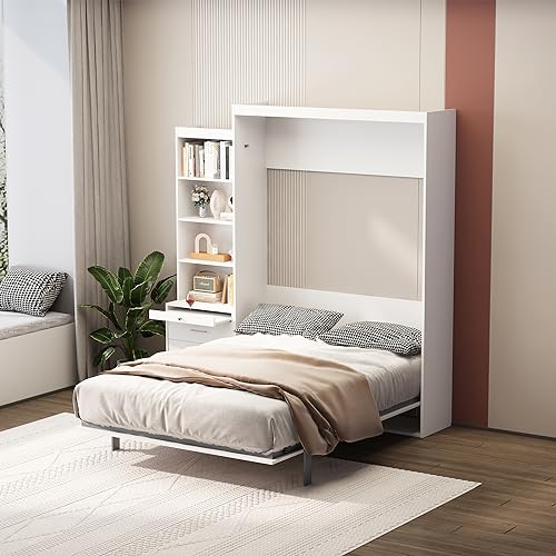 Queen Size Murphy Bed Wall Cabinet with 2 Wardrobes and Storage Shelf, White E955210