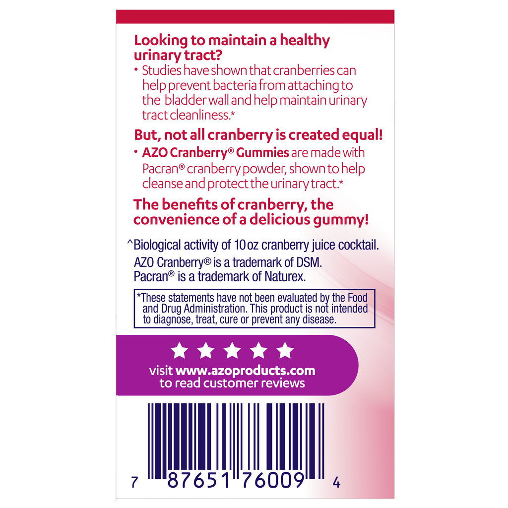 AZO Cranberry Urinary Tract Health Gummies, Mixed Berry, 40 Count A327578