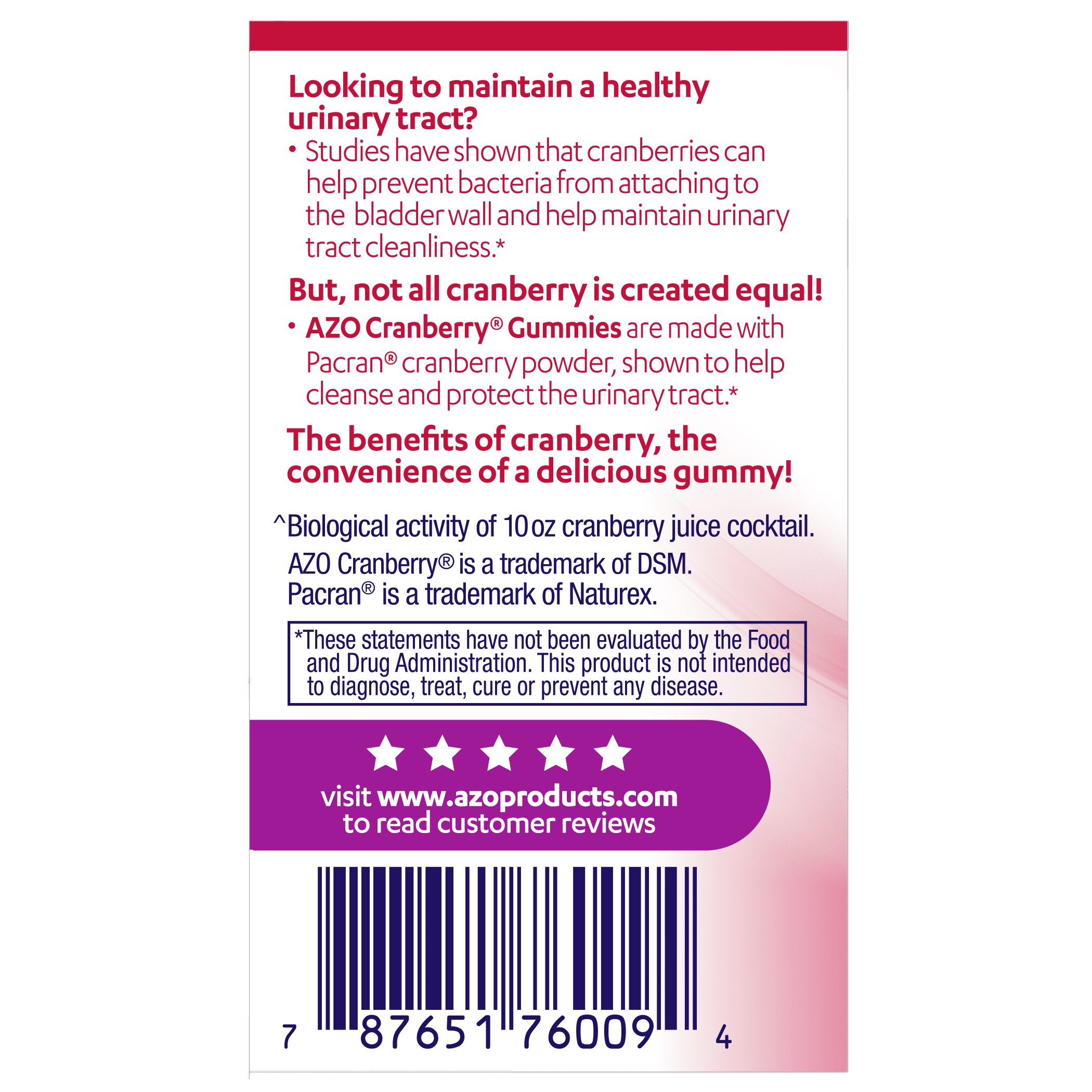 AZO Cranberry Urinary Tract Health Gummies, Mixed Berry, 40 Count A327578