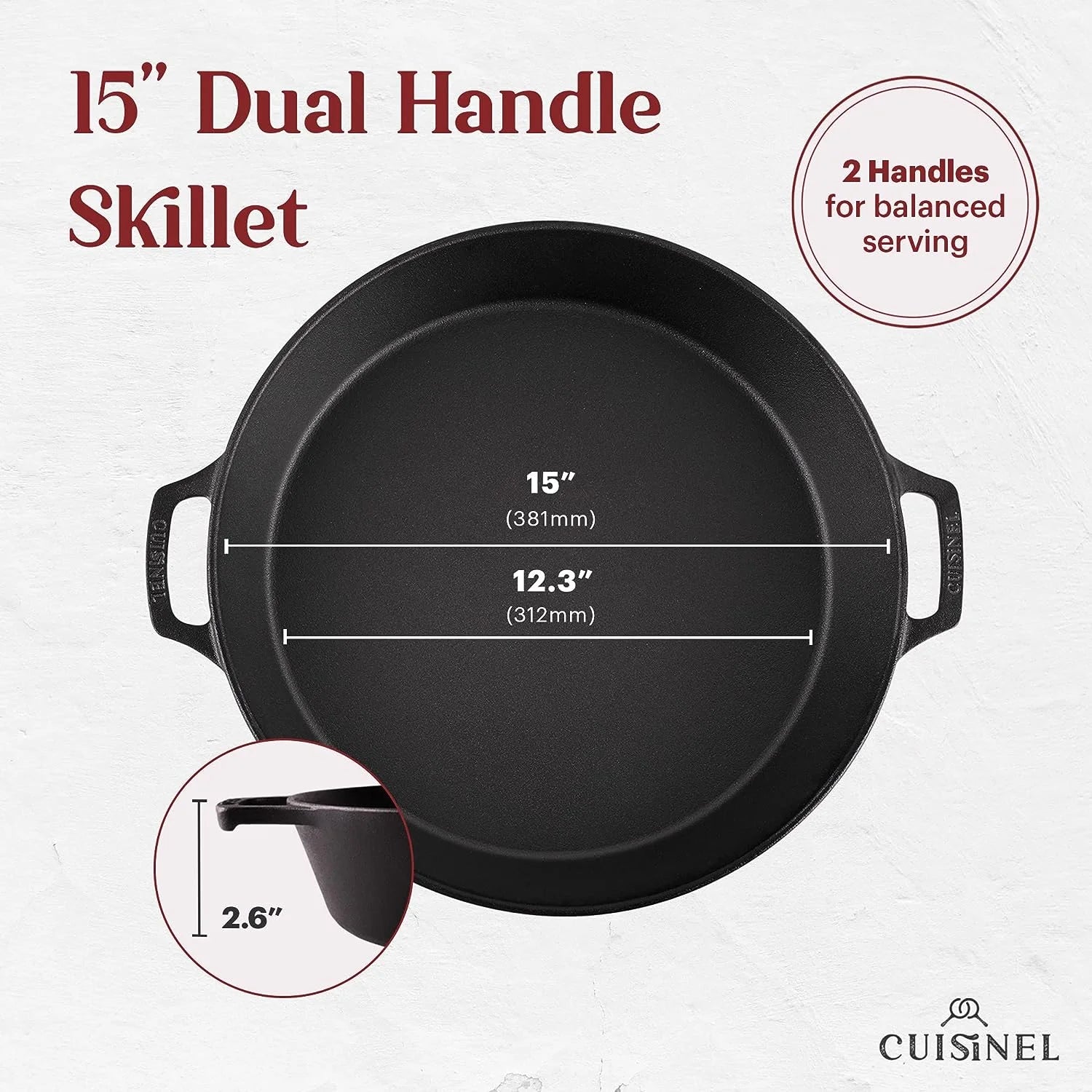 Cuisinel 15" Lidded Cast Iron Skillet Pre-Seasoned with Silicone Handle Covers D6582