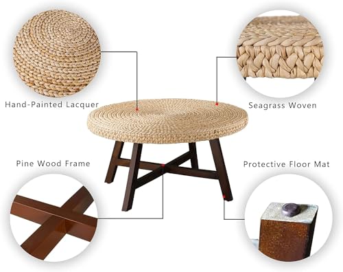 RANDEFURN Round Seagrass Coffee Table with Pine Wood X Base, 32 x 17 Inches E987219