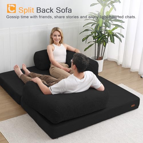 COMAX Folding Sofa Bed Convertible Chair Bed Corduroy 3-in-1 Floor Couch, Dark Grey E940