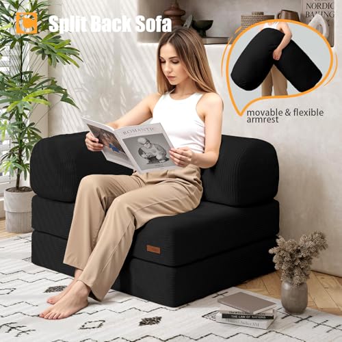 COMAX Folding Sofa Bed Convertible Chair Bed Corduroy 3-in-1 Floor Couch, Dark Grey E940