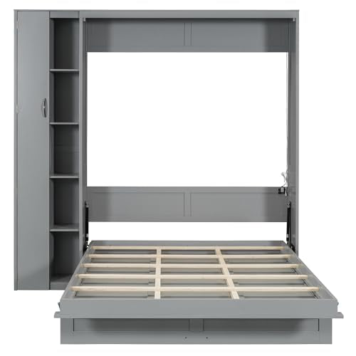 Harper & Bright Designs Queen Murphy Bed with Storage Shelves and LED Lights, Gray D9429