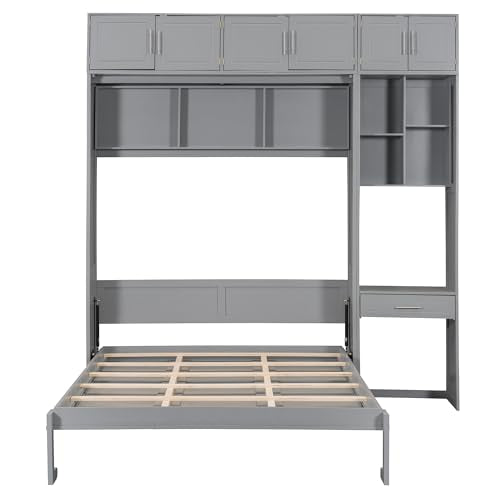 PURLOVE Wood Twin Murphy Bed with Light and USB, Gray W600663