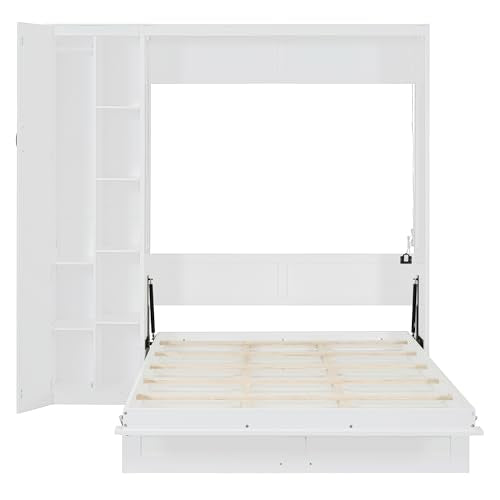 Harper & Bright Designs Queen Murphy Bed with Storage Shelves and LED Lights, Gray D9429