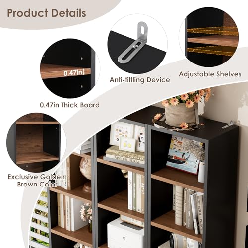 FOTOSOK 8-Tier Media Tower Rack, Tall Narrow Bookcase, Black/Brown W19438