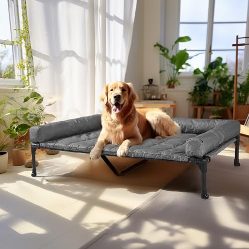 Veehoo Elevated Dog Bed with Removable Waterproof Bolster Cushion, Breathable Mesh, Indoor Outdoor, 42x30 inches, Beige U875430