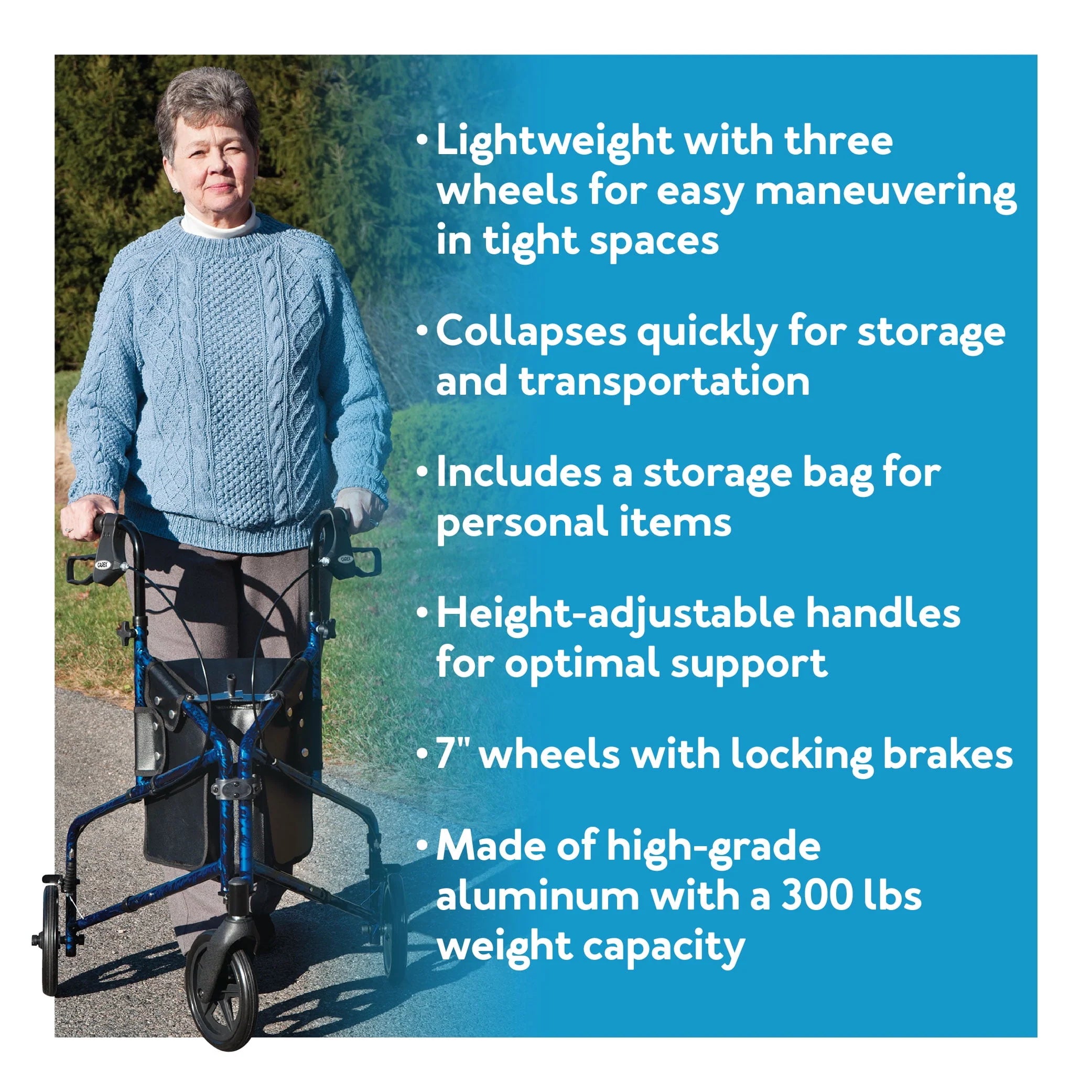 Carex Aluminium 3 Wheel Rollator Walker for Seniors, Height Adjustable Y94999