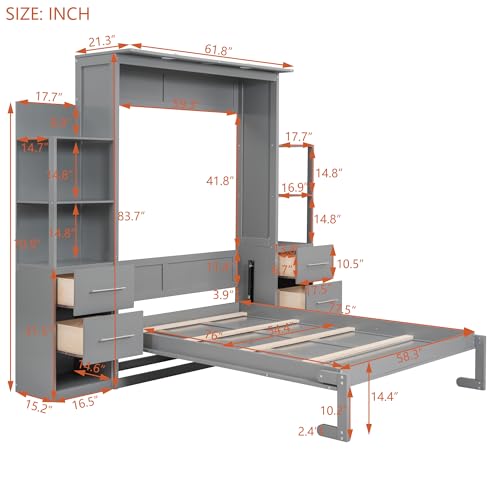 Full Size Murphy Bed with Drawers, Cabinets and USB Ports, Gray D589081