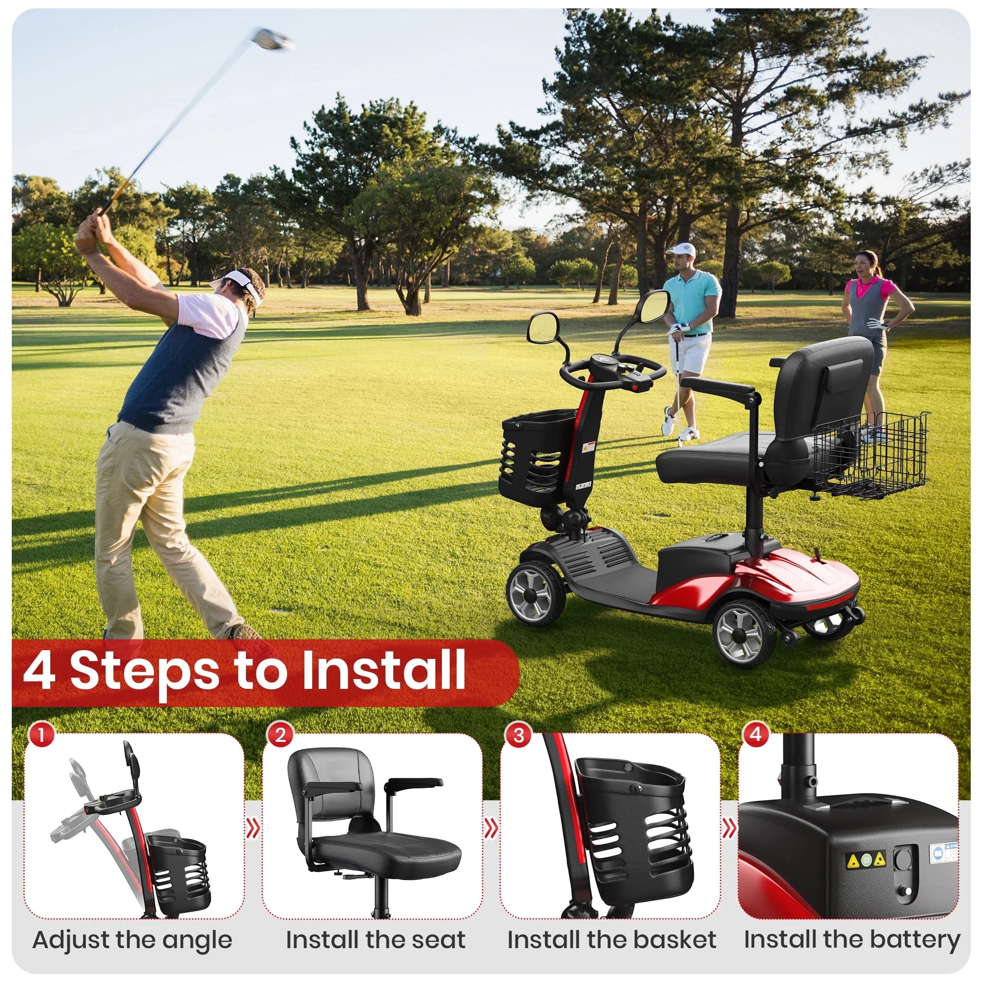 SACVON 4 Wheel Mobility Scooter for Seniors, Foldable, 330lbs, Red R1779
