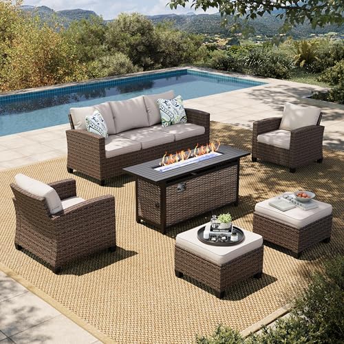 HERA'S HOUSE Patio Furniture Set with 56" Fire Pit Table, 6 Pieces 7 Seats Wicker Sectional Z546196
