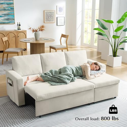 55" 3-in-1 Convertible Sleeper Sofa Bed with Adjustable Backrest, Chenille, Beige R49011