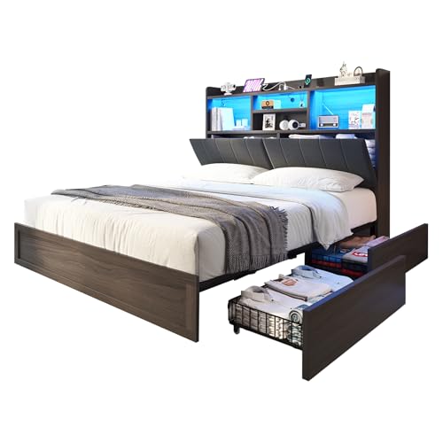 Farmhouse Bed Frame with Bookcase Headboard, LED Storage, Black G550865