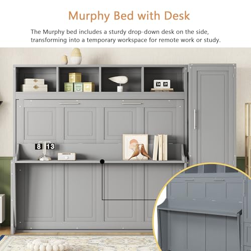 Linique Murphy Cabinet Wall Bed with Closet, Drawers and Top Shelf, Gray K190832
