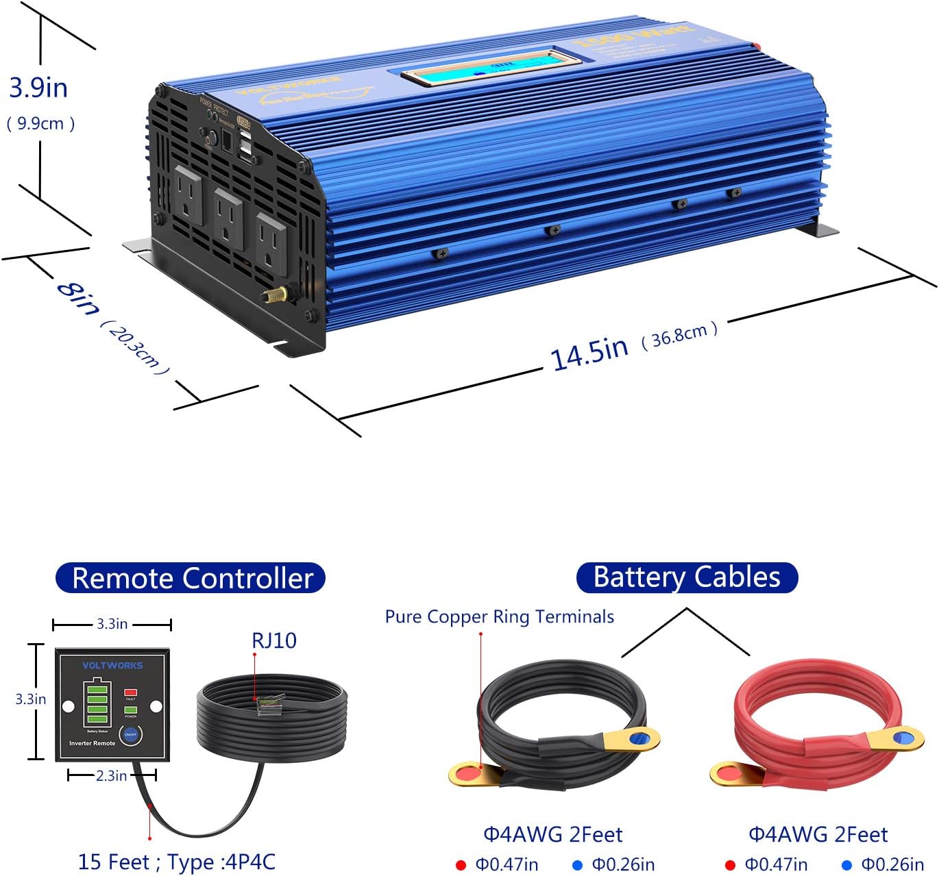 VOLTWORKS 1500W Pure Sine Wave Power Inverter 12V to 110V-120V with Remote Control and Dual USB Ports B91178