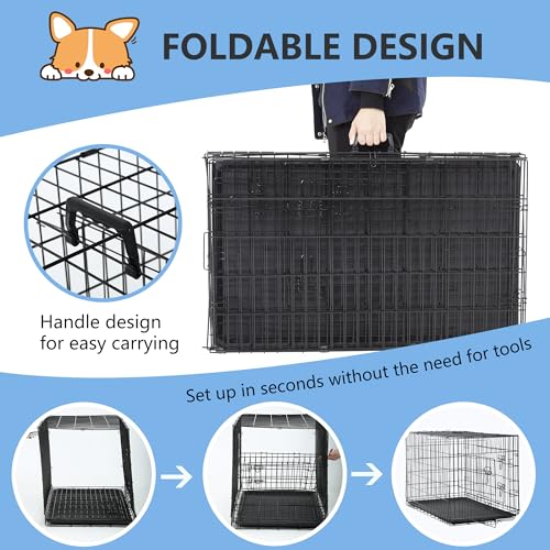 FDW Dog Crate for Large Dogs 48 Inch Folding Metal Wire Cage Double Door N1299