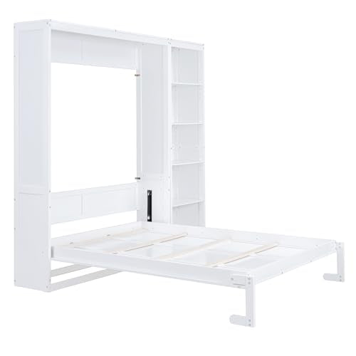 Merax Queen Murphy Bed with Storage Shelves, Foldable Wall Bed, White V837