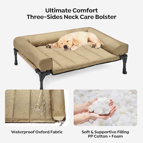 Veehoo Elevated Dog Bed with Removable Waterproof Bolster Cushion, Breathable Mesh, Indoor Outdoor, 42x30 inches, Beige U875430