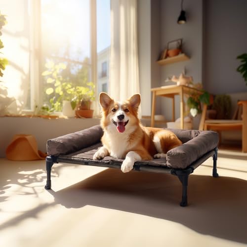 Veehoo Elevated Dog Bed with Removable Waterproof Bolster Cushion, Breathable Mesh, Indoor Outdoor, 42x30 inches, Beige U875430