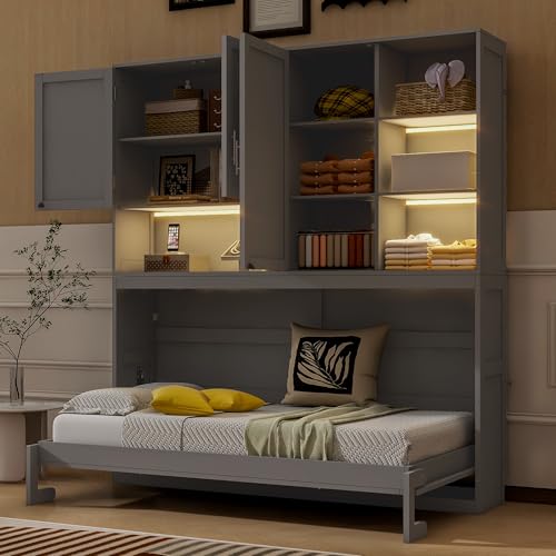 PURLOVE Wood Twin Murphy Bed with Light and USB, Gray W600663