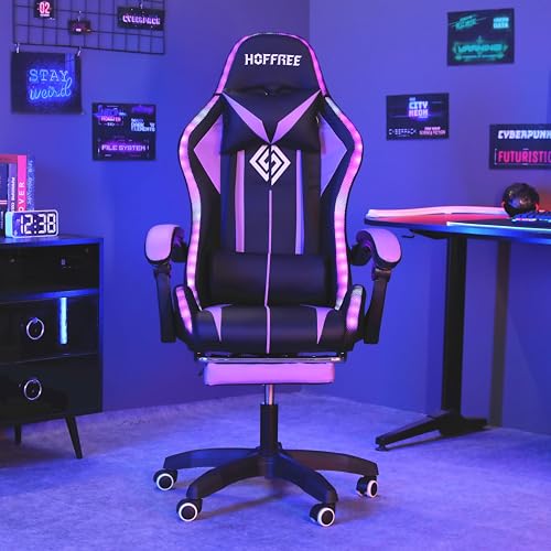 HOFFREE RGB Gaming Chair with Speakers and Footrest, Blue and Black B69323