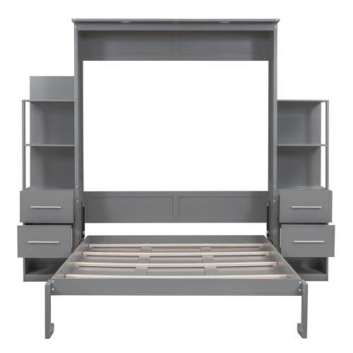 Harper & Bright Designs Gray Queen Murphy Bed with Storage Shelves and LED Light P300147