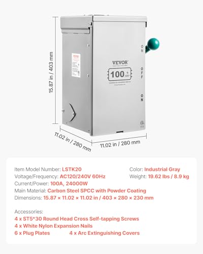 VEVOR 200A Generator Transfer Switch, 48000W Manual Double-Throw, 120/240V, NEMA 3R O290