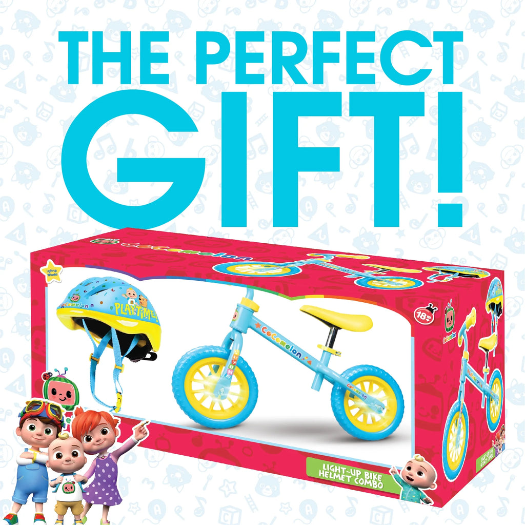 Cocomelon Toddlers Balance Bike with Adjustable Helmet, Light-up Wheels, Blue W771