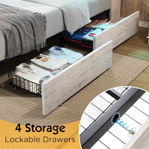 Farmhouse Bed Frame with Bookcase Headboard, LED Storage, Black G550865