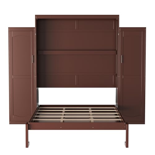 Queen Size Murphy Bed Wall Cabinet with 2 Wardrobes and Storage Shelf, White E955210