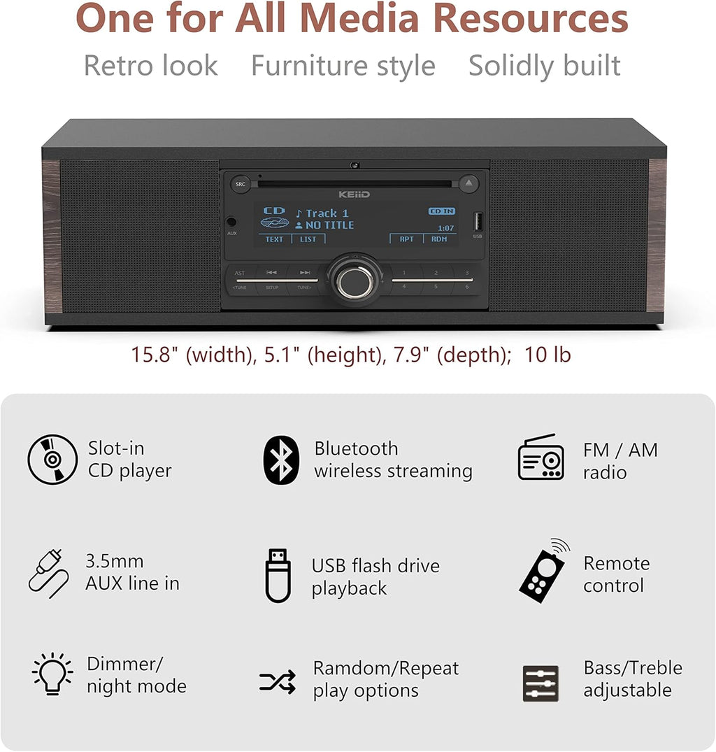 KEiiD Retro CD Player with Bluetooth, FM/AM Radio, USB & AUX, Wooden Stereo Speakers Y790411