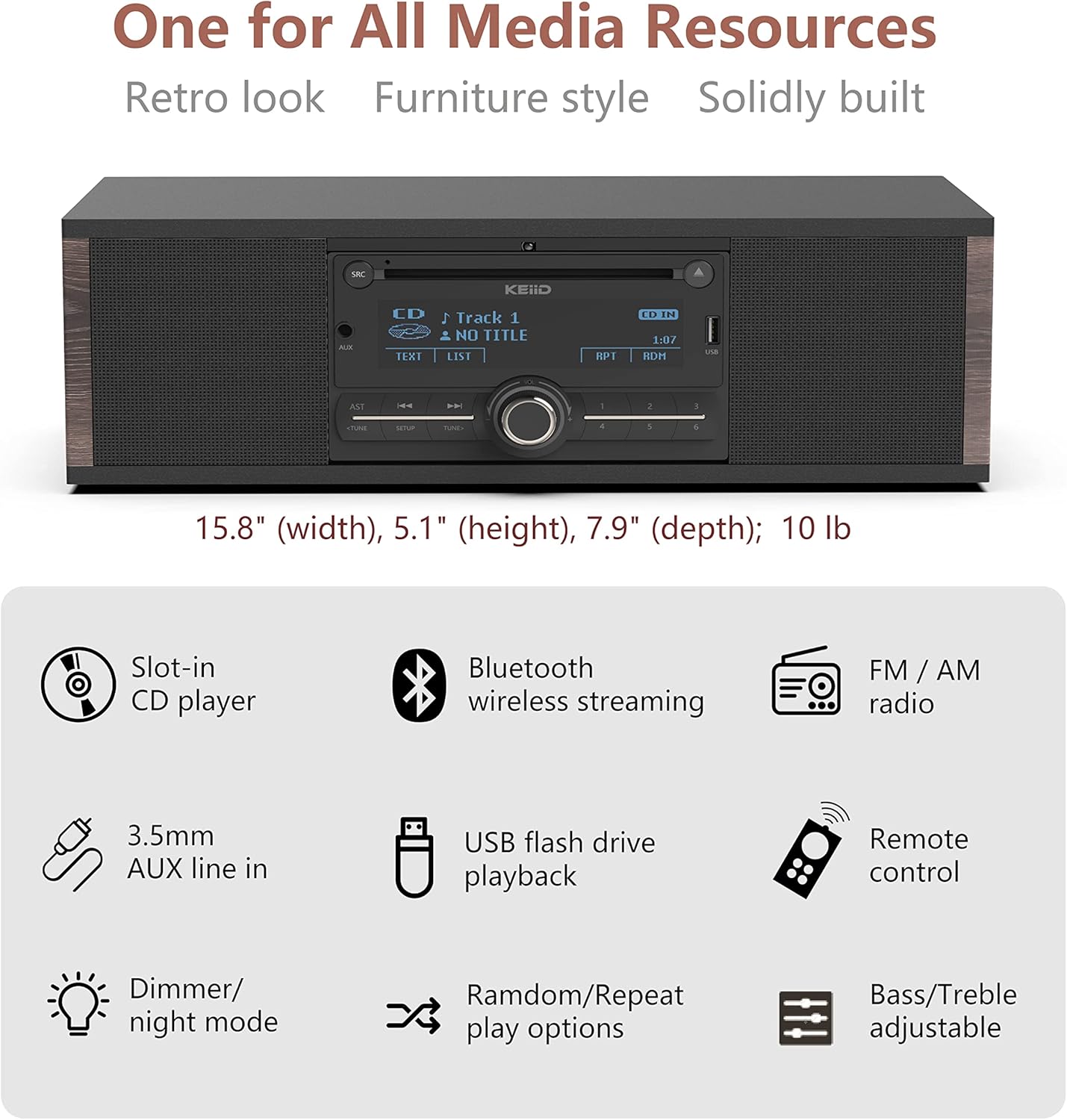 KEiiD Retro CD Player with Bluetooth, FM/AM Radio, USB & AUX, Wooden Stereo Speakers Y790411