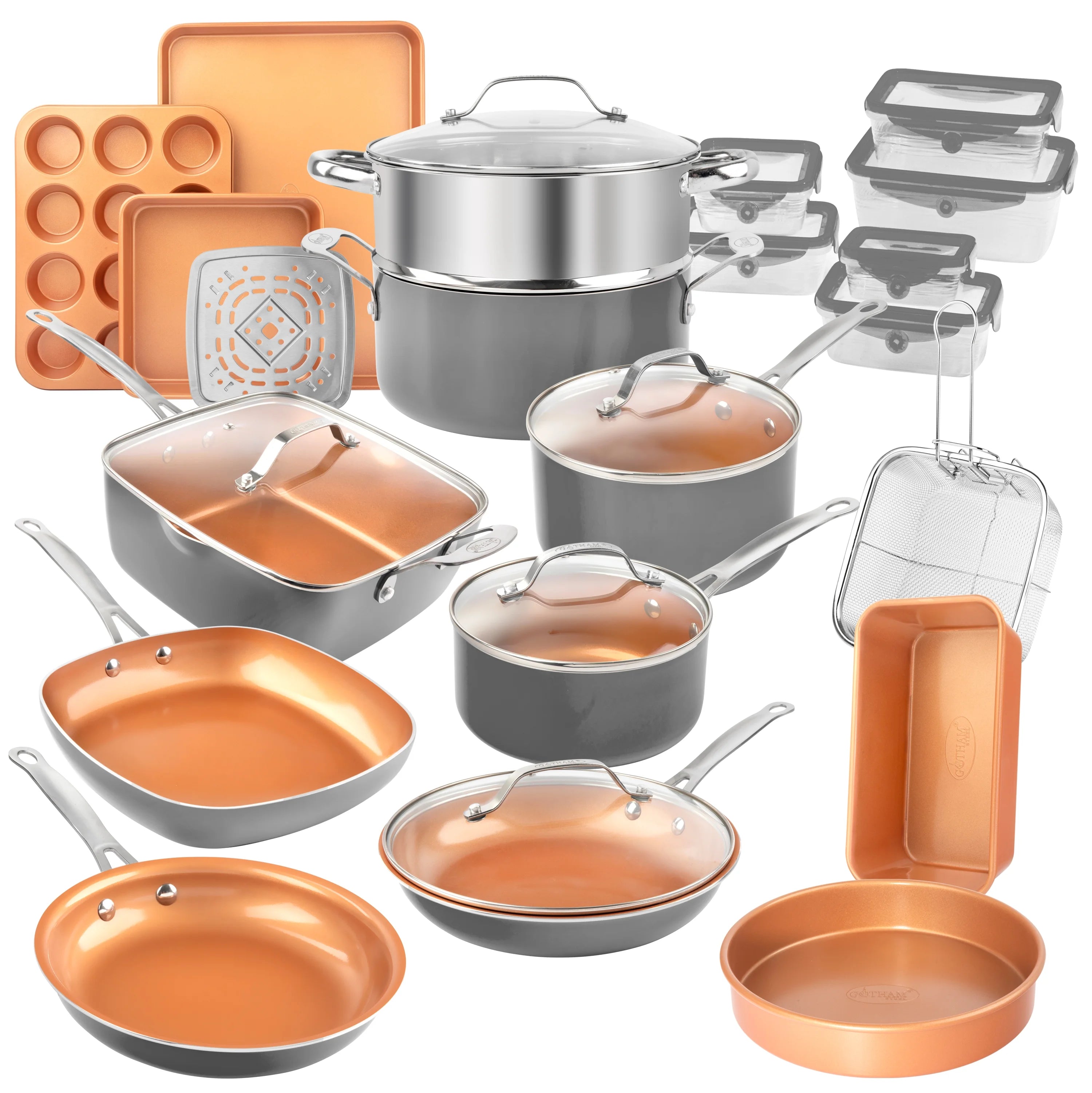 Gotham Steel 32 Pcs Cookware Set Bakeware and Food Storage Set Nonstick Pots and Pans Set Red