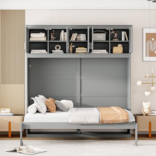 Full Size Murphy Bed with Drawers, Cabinets and USB Ports, Gray D589081