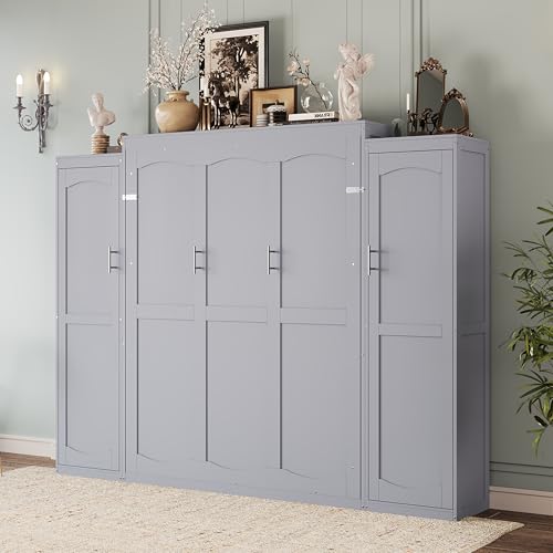 Queen Size Murphy Bed Wall Cabinet with 2 Wardrobes and Storage Shelf, White E955210