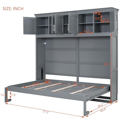 Full Size Murphy Bed with Drawers, Cabinets and USB Ports, Gray D589081